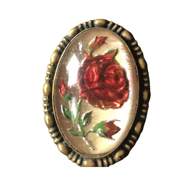 Antique Jewelry - Antique Goofus Glass Brooch Reverse Painted Roses Mother of Pearl Pin